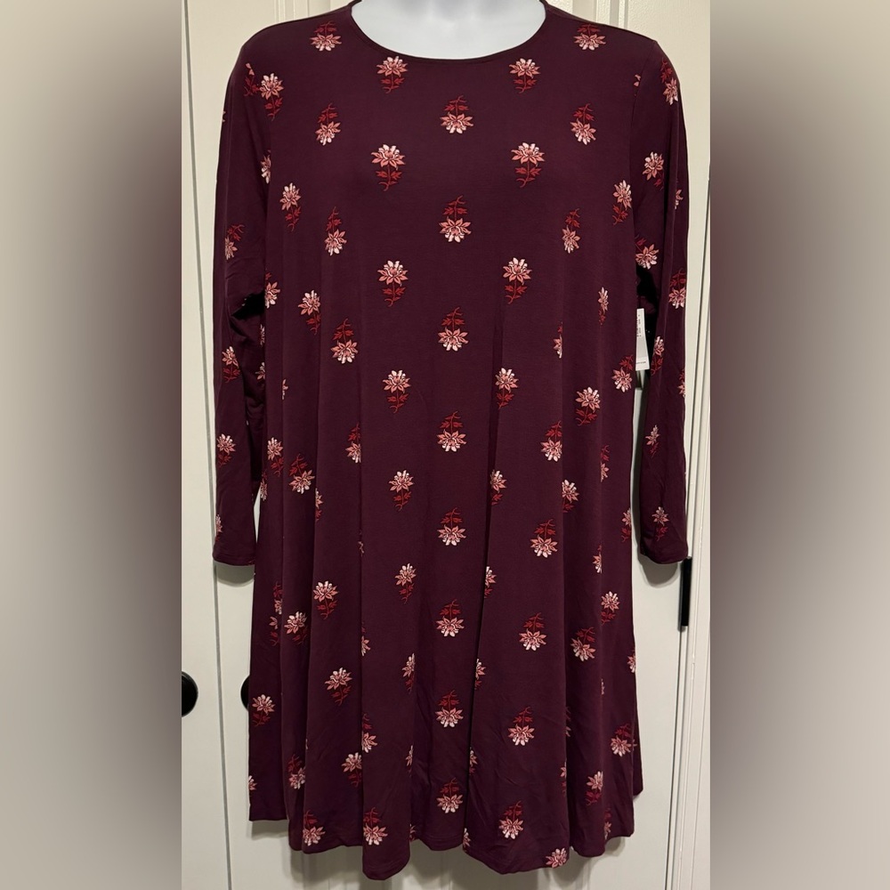 NWT Old Navy Burgundy Floral Jersey Long Sleeve, Knee Length Swing Dress XXL